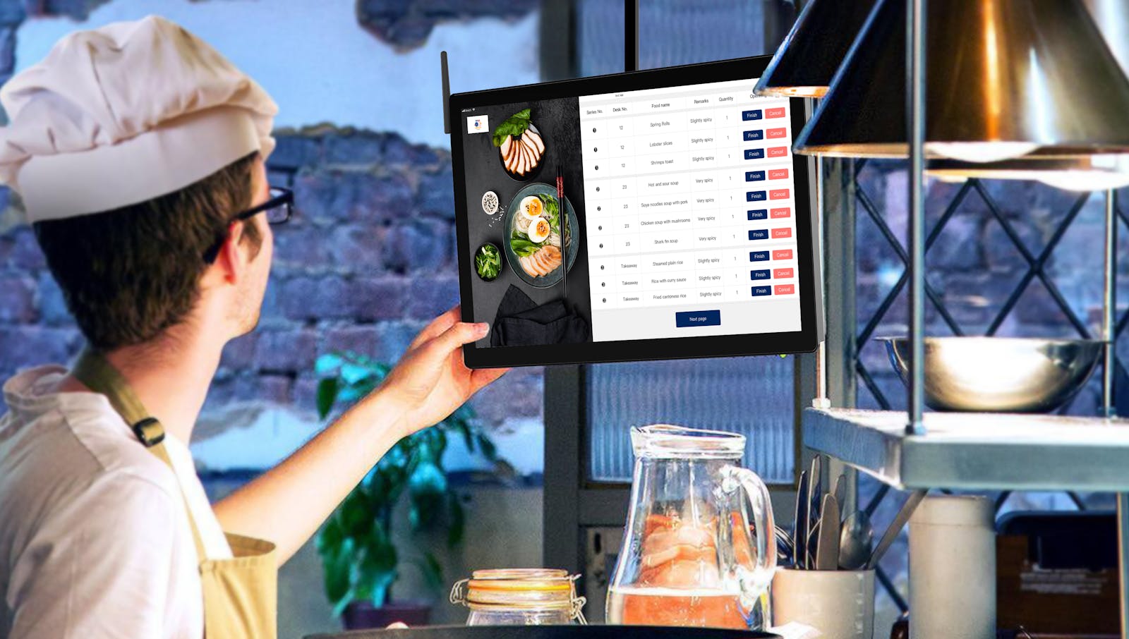 Line cook reading a digital recipe book on a kitchen tablet — modern recipe management replacing paper binders